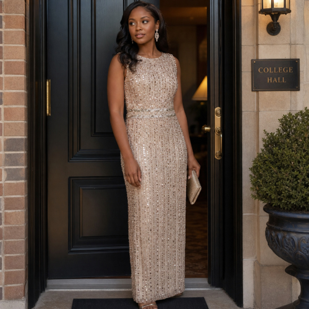 Mac Duggal Sequined High Neck Sleeveless Maxi Gown - Nude/Gold Size 2 NWT - Picture 6 of 13